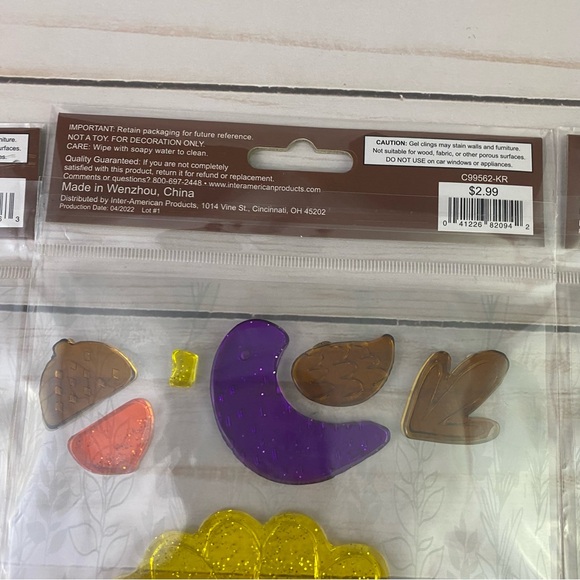 Set Of 3 Fall Harvest Window Sticker Gel Clings Owl Sunflower Pumpkin Acorn Leaf - Picture 3 of 8